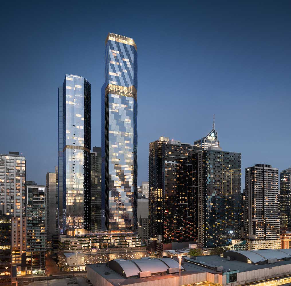 Architectural rendering of the glass curtain wall towers at West Side Place, Melbourne